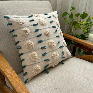 18x18 Linen & Aqua Boho pillow w/ fringe